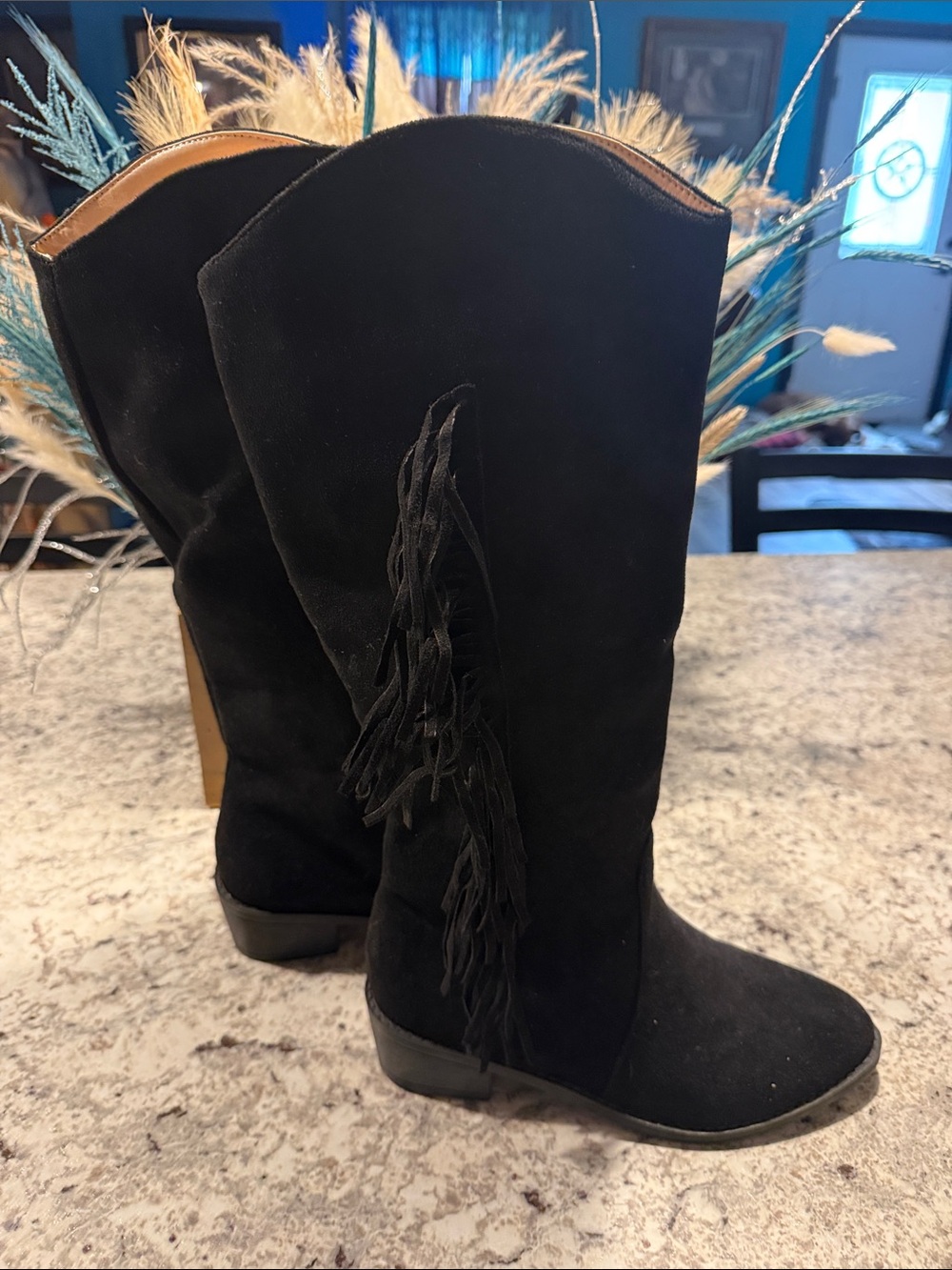 Women's Black Suede Fringe Mid-Calf Boots
